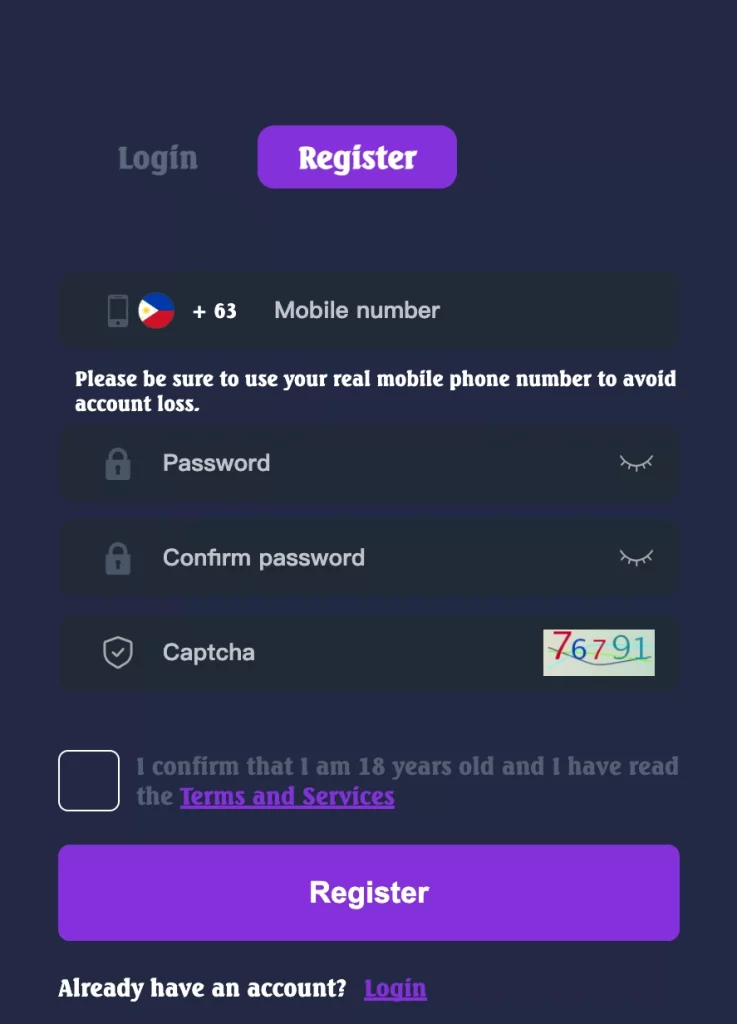 5n5n register page showing access to login, register steps, games, download options, app features, casino play, and online casino services